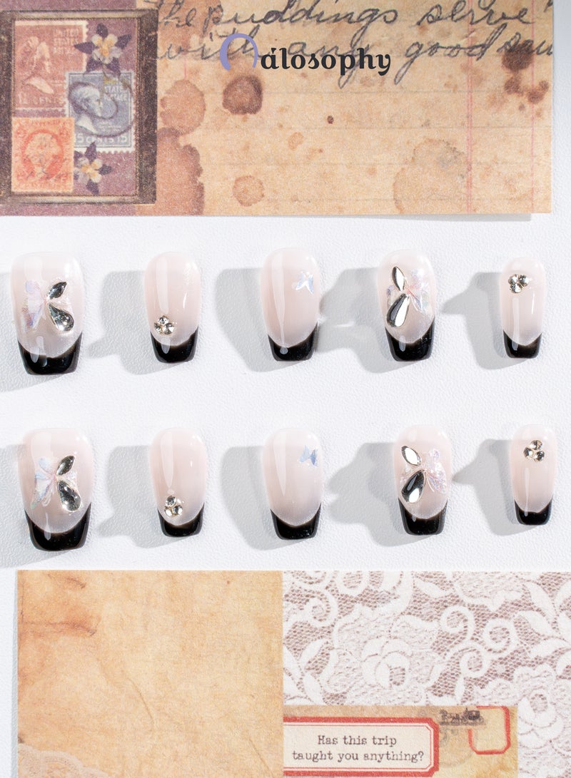 Nailosophy Handmade Gel Press-on Nails Nude Cat-Eye Black French with Butterfly | Coffin Shape - Image 4