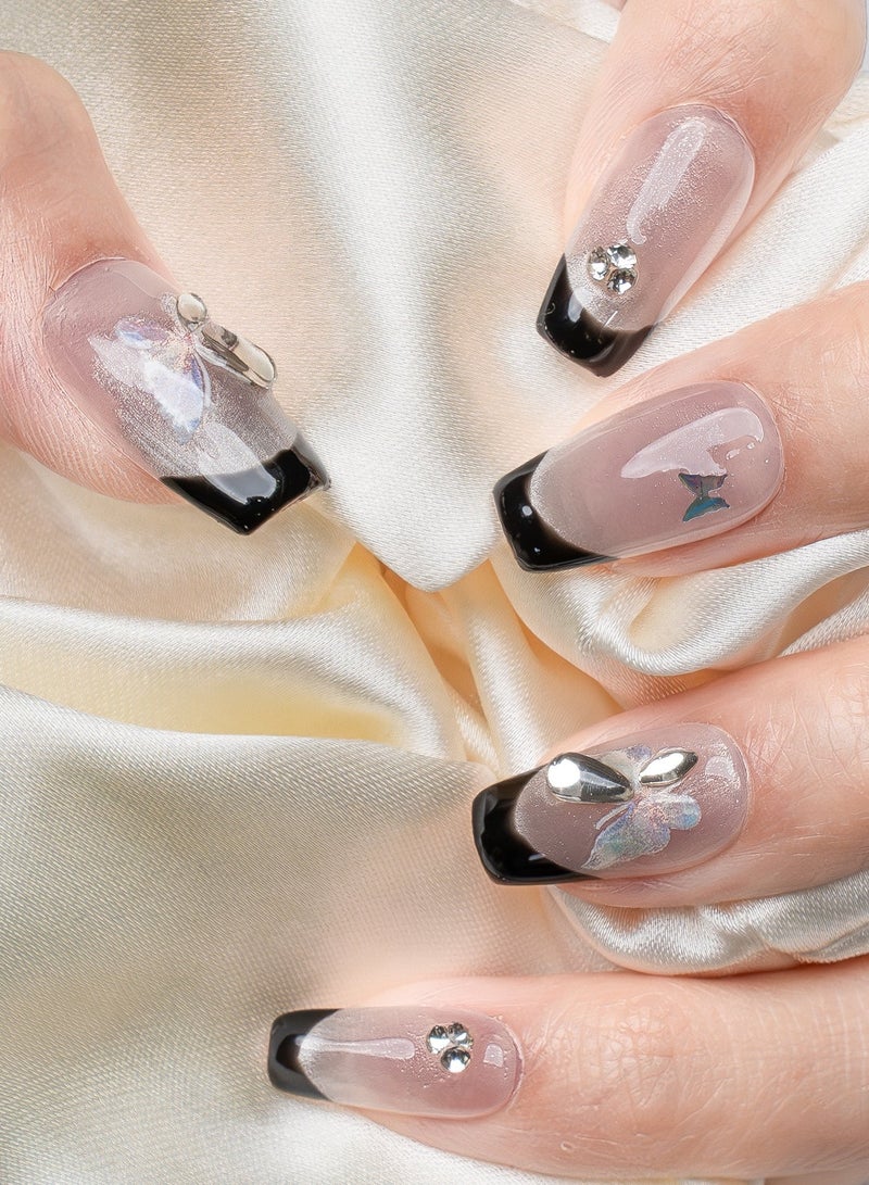 Nailosophy Handmade Gel Press-on Nails Nude Cat-Eye Black French with Butterfly | Coffin Shape - Image 1