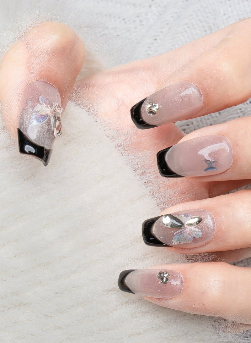 Nailosophy Handmade Gel Press-on Nails Nude Cat-Eye Black French with Butterfly | Coffin Shape - Image 2
