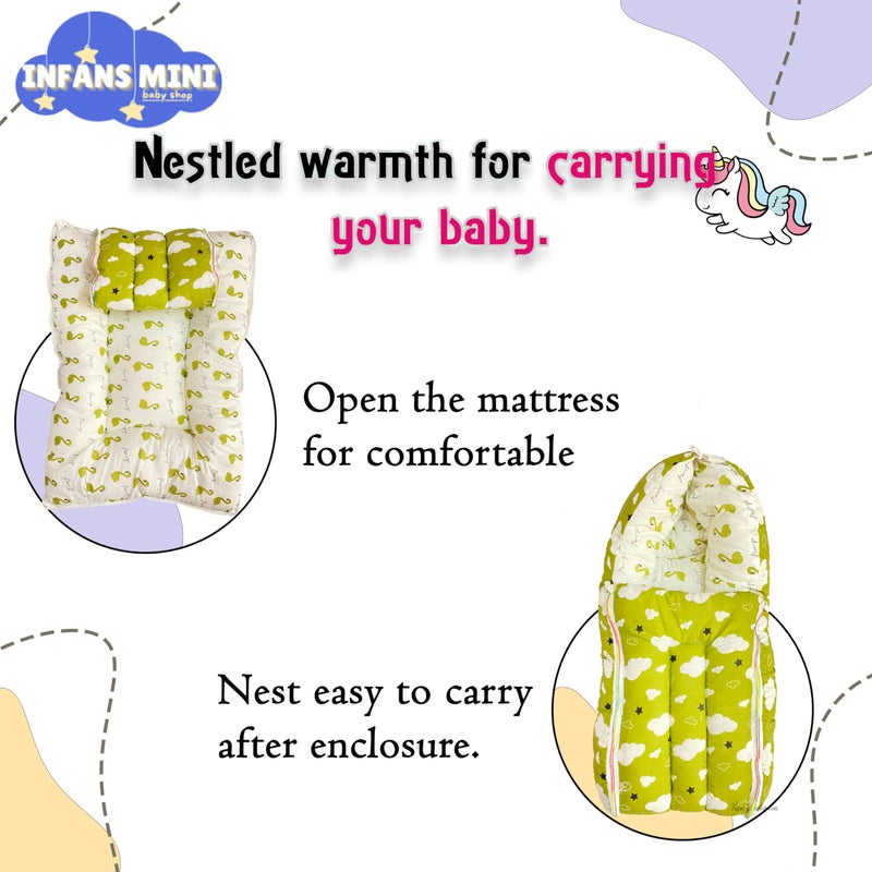 Infans Mini Cloud Mega 3 in 1 Baby's Cotton Bed Cum Carry Bed Printed Baby Sleeping Bag-Baby Bed-Infant Portable for Unisex Easily Portable, Light Weight Carry for New Born 4-8 Months Old (Green) - Image 3