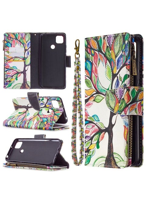 Case Cover For Xiaomi Redmi 9C Colored Drawing Pattern Zipper Horizontal Flip Leather Case with Holder & Card Slots & Wallet Tree
