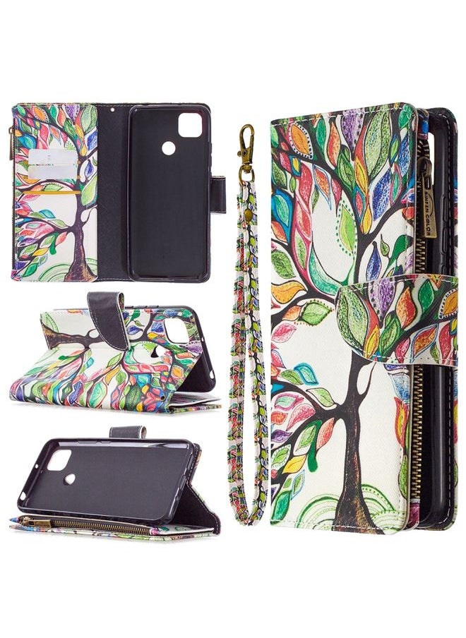 HuHa Case Cover For Xiaomi Redmi 9C Colored Drawing Pattern Zipper Horizontal Flip Leather Case with Holder & Card Slots & Wallet Tree 