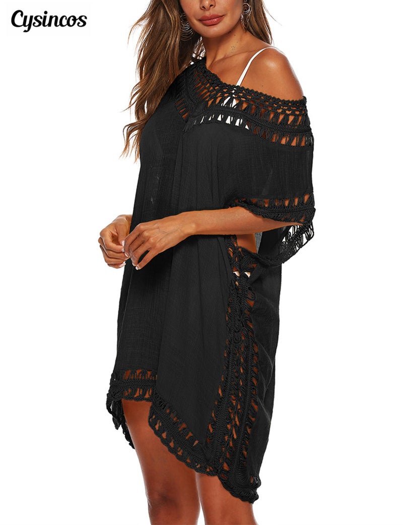 Cysincos Womens Swimsuit Cover Up Crochet Hollow Out Swimwear Beach Bathing Suit Bikini Coverups Black 2XL - Image 2