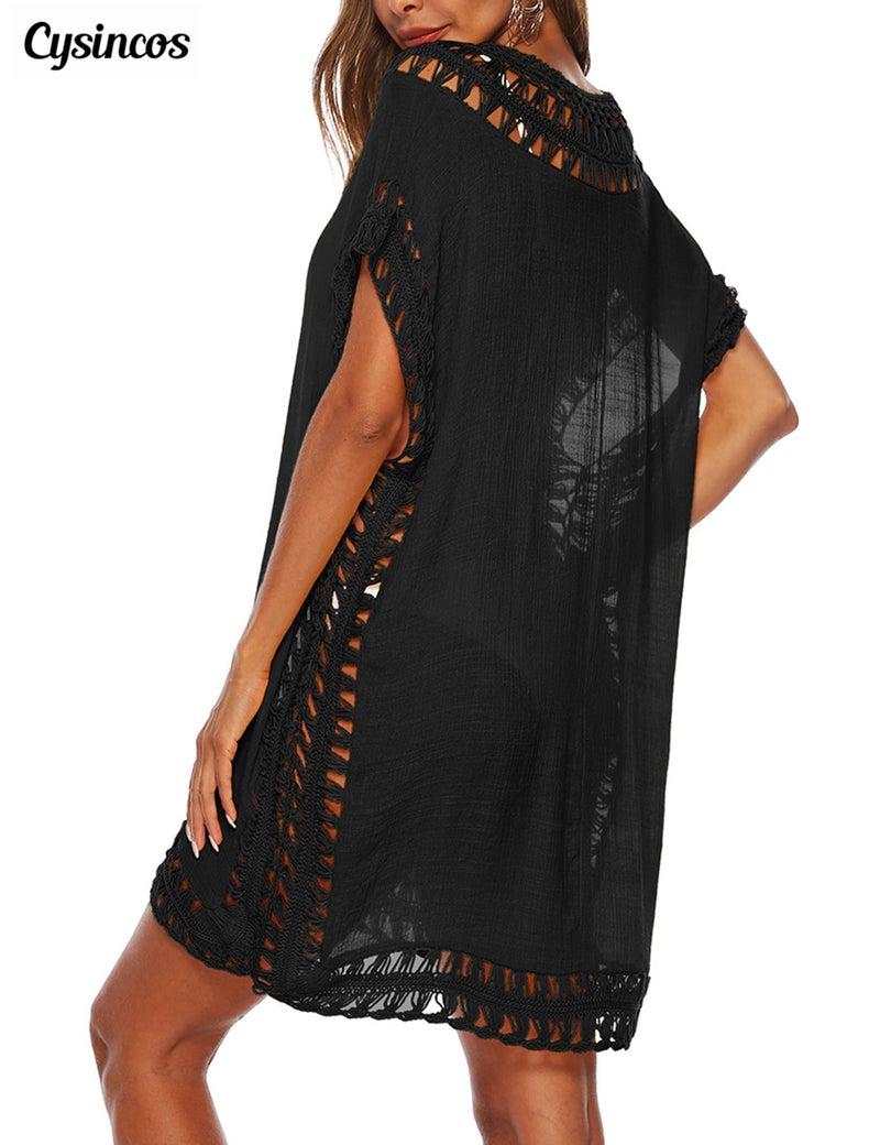 Cysincos Womens Swimsuit Cover Up Crochet Hollow Out Swimwear Beach Bathing Suit Bikini Coverups Black 2XL - Image 3