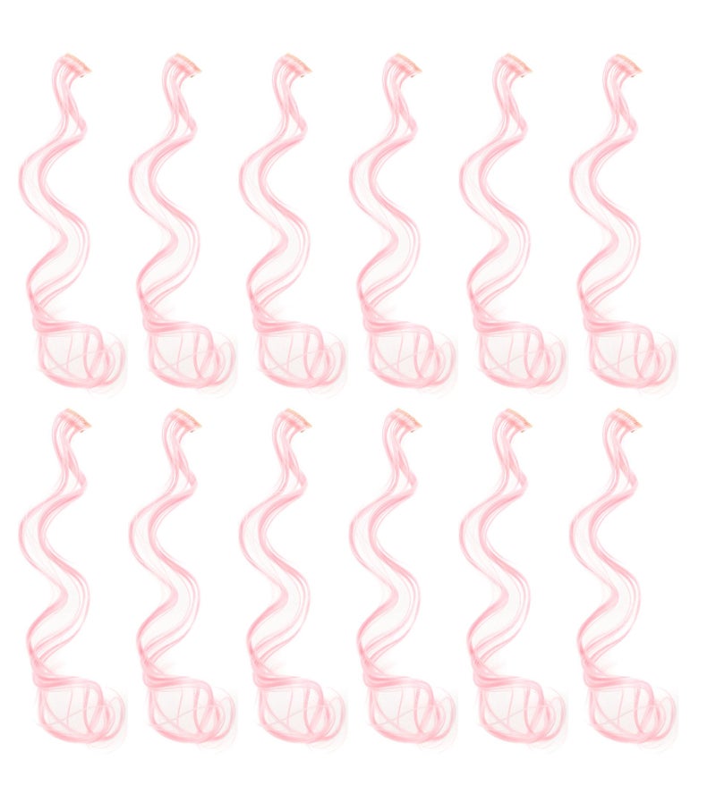 SWACC 12 Pcs Curly Wavy One Color Party Highlights Clip on in Hair Extensions Colored Hair Streak Synthetic Hairpieces (Pink) - Image 1