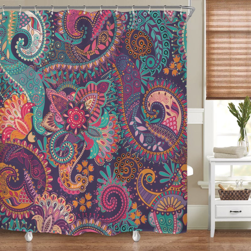 Riyidecor Bohemian Mandala Indian Shower Curtain Paisley Purple Floral Boho Yoga Abstract Tribal Colorful Bathroom Home Decor Set Fabric Waterproof Included 12 Plastic Shower Hooks 72Wx72H Inch