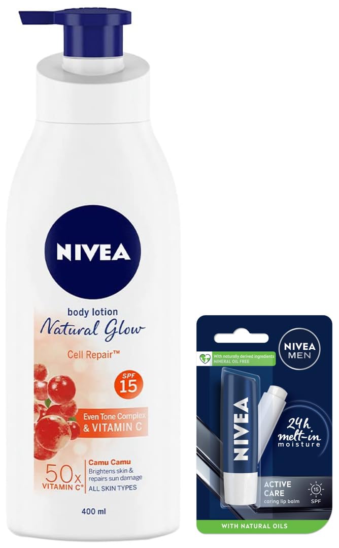 Nivea لوشن الجسم نيفيا للتفتيح الإضافي وإصلاح الخلايا SPF 15 لجميع أنواع البشرة 400 مل وبلسم الشفاه نيفيا للرجال للعناية النشطة SPF 15 48 جرام - Image 1
