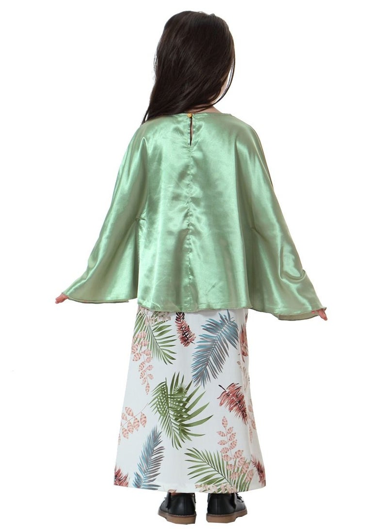 Loquat Girl's 2-Piece Clothing Set Batwing Sleeve top and printed half skirt Dress Green/White Printed  - Image 2