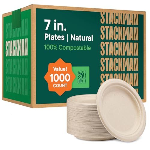 Stack Man 100 Compostable Paper Plates 7 Inch 1000 Count HeavyDuty Dessert Plates Natural Brown Color Unbleached Bagasse EcoFriendly Disposable Biodegradable Sugarcane Plates Bulk Case 8125 Pack - Image 2