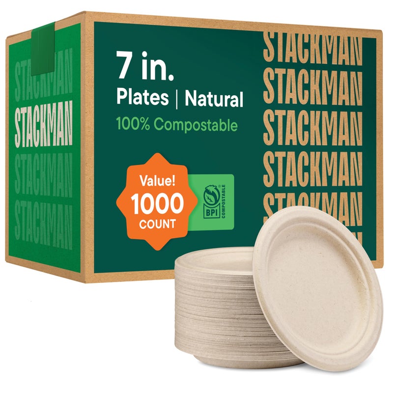 Stack Man 100 Compostable Paper Plates 7 Inch 1000 Count HeavyDuty Dessert Plates Natural Brown Color Unbleached Bagasse EcoFriendly Disposable Biodegradable Sugarcane Plates Bulk Case 8125 Pack - Image 3