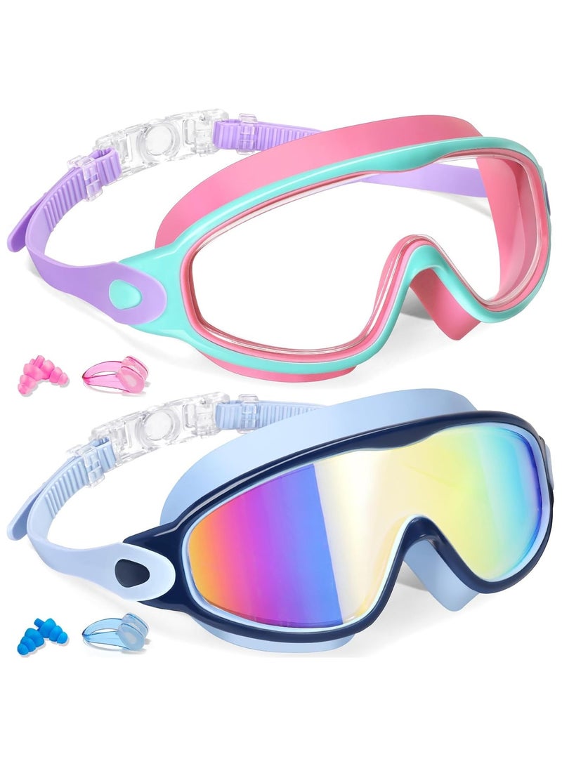 ATRJSZ Kids Swim Goggles, 2 Pcs Swim Mask with Nose Clip Earplugs, for 3-15 UV Protection Anti-Fog Pool Water for Boys Girls  - Image 1