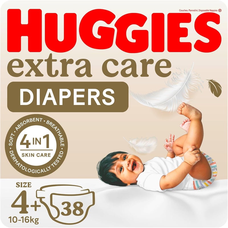 HUGGIES هجيز إكسترا كير، الحجم 4+، 10 -16 كجم، عبوة قيمة، 38 حفاضة - Image 1