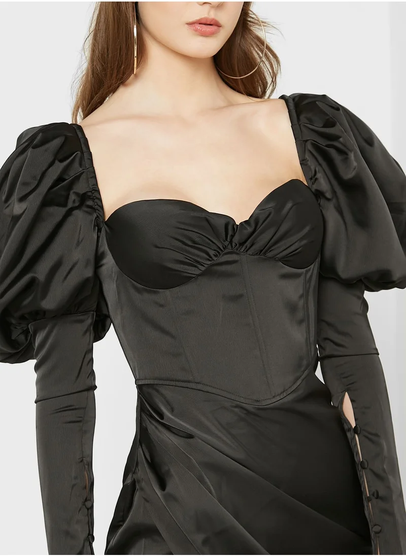 Miss Pap Side Slit Puff Sleeve Dress