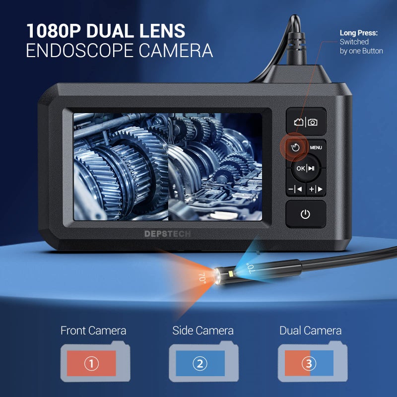 DEPSTECH Dual Lens Industrial Endoscope, 1080P Digital Borescope Inspection Camera, 7.9mm IP67 Waterproof Sewer Camera with 4.3" LCD Screen, 7 LED Lights, 16.5FT Semi-Rigid Cable, 32GB Card-Black - Image 2