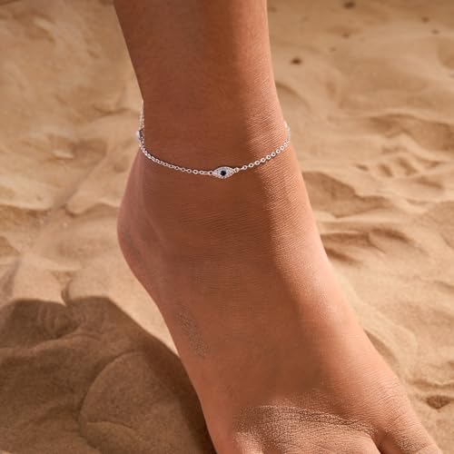 Rotnso Anklets for Women Silver Plated Evil Eye Ankle Bracelets Trendy Waterproof Boho Chain Link Anklets Set Dainty Cute Diamond Beaded Non Tarnish Summer Beach Jewelry Gift - Image 4