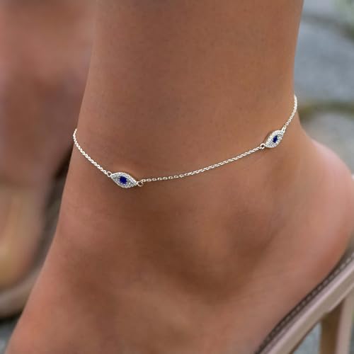 Rotnso Anklets for Women Silver Plated Evil Eye Ankle Bracelets Trendy Waterproof Boho Chain Link Anklets Set Dainty Cute Diamond Beaded Non Tarnish Summer Beach Jewelry Gift - Image 2