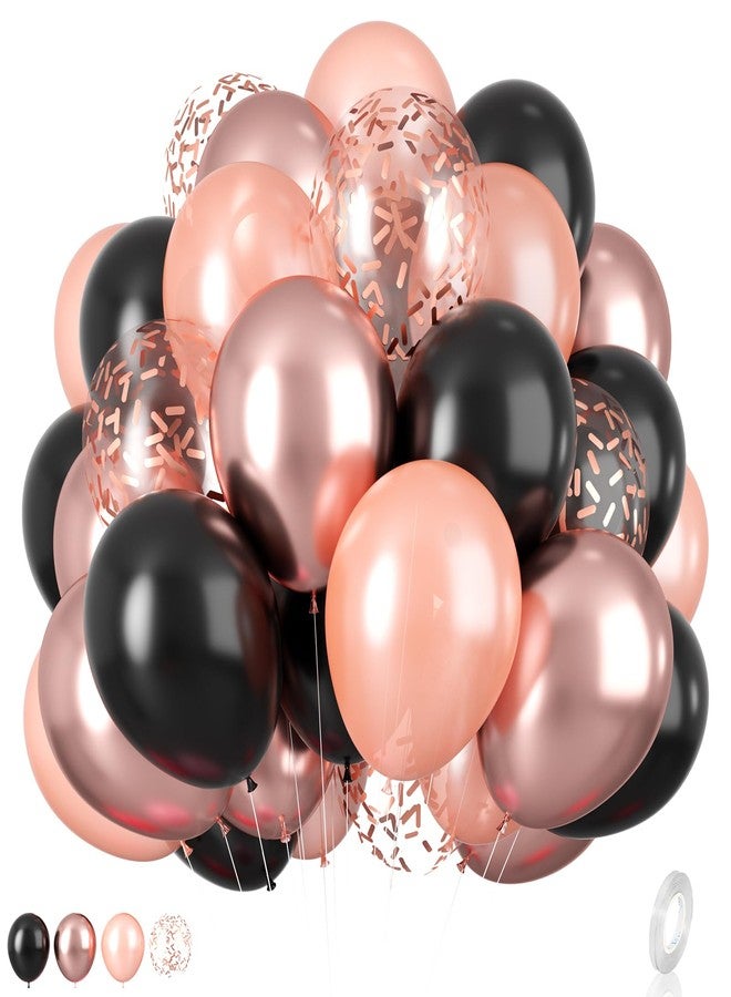 Biapian Rose Gold and Black Balloons Set, 12 inch Metallic Rose Gold Balloons Pearl Rose Gold Confetti Balloons Black Latex Balloons Party Balloons for Birthday Baby Shower Wedding Party Decorations - Image 1