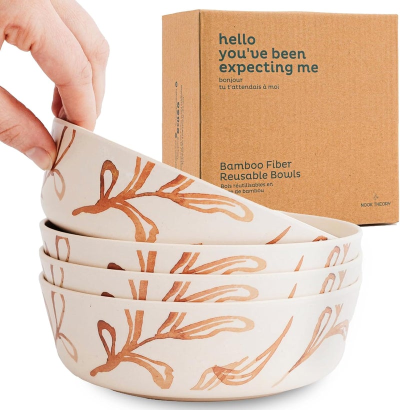 Nook Theory 4 Pack Bamboo Bowls  18 Oz Reusable Toddler and Kids Bowl Dishwasher Safe  Not Microwavable Bamboo Dishes Wildflower - Image 1