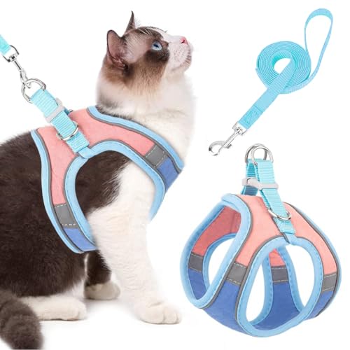 Qpets® Cat Vest Harness with 1.5m Leash Adjustable Size Pet Vest Harness Breathable Suede Fabric with Safety Reflective Strip Cat Harness for Small Cat Dog (M, Blue) - Image 1