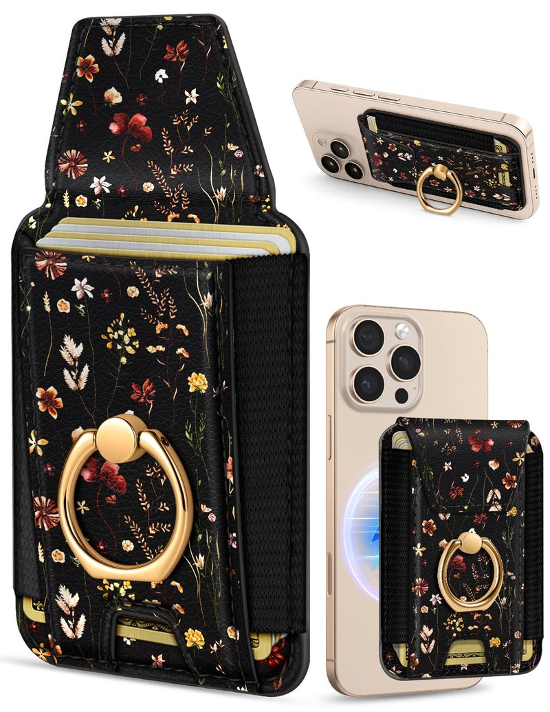 Shorogyt Compatible with Magsafe Wallet with Grip Magnetic Card Holder - Cute Phone Wallets with Ring Stand for iPhone 17/16/15/14/13/12 Series for Women Girls Retro Flower Design, Fit 7 Cards - Image 1