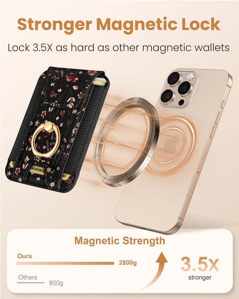 Shorogyt Compatible with Magsafe Wallet with Grip Magnetic Card Holder - Cute Phone Wallets with Ring Stand for iPhone 17/16/15/14/13/12 Series for Women Girls Retro Flower Design, Fit 7 Cards - Image 3