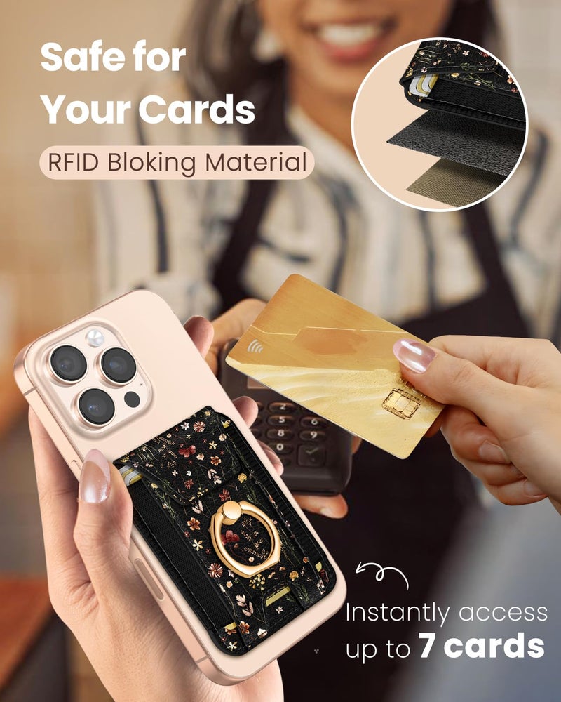 Shorogyt Compatible with Magsafe Wallet with Grip Magnetic Card Holder - Cute Phone Wallets with Ring Stand for iPhone 17/16/15/14/13/12 Series for Women Girls Retro Flower Design, Fit 7 Cards - Image 5
