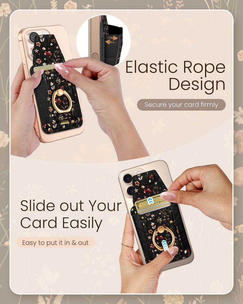 Shorogyt Compatible with Magsafe Wallet with Grip Magnetic Card Holder - Cute Phone Wallets with Ring Stand for iPhone 17/16/15/14/13/12 Series for Women Girls Retro Flower Design, Fit 7 Cards - Image 4