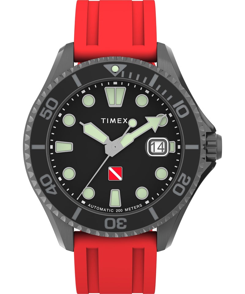 TIMEX ساعة Timex للرجال مقاومة للماء بعمق 44 مم بحزام أحمر وقرص أسود وعلبة بلون بندقي - Image 2