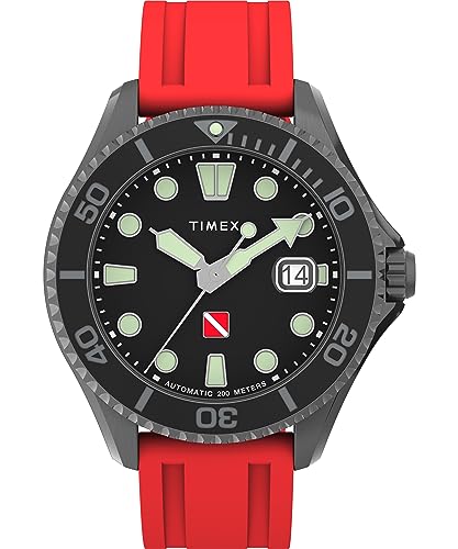 TIMEX ساعة Timex للرجال مقاومة للماء بعمق 44 مم بحزام أحمر وقرص أسود وعلبة بلون بندقي - Image 1