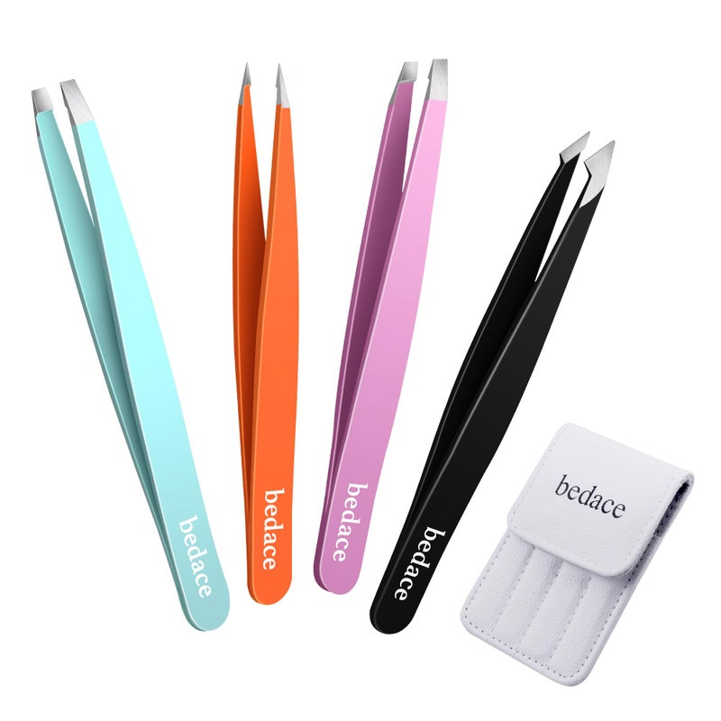 bedace Tweezers for Women Facial Hair,Stocking Stuffers 4 Pack Tweezers for Eyebrows,Tweezer Set for Ingrown Hair, Plucking Daily Beauty Tool with Leather Travel Case for Gifts - Image 1