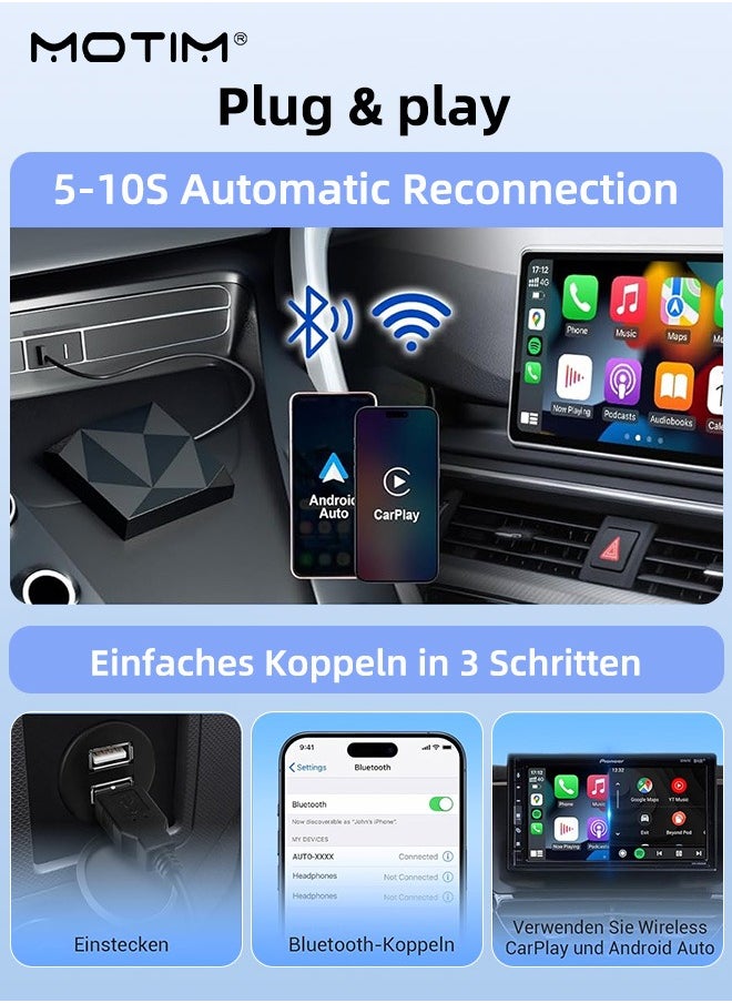 موتيم 2 في 1 سلكي إلى لاسلكي CarPlay 2 في 1، محول لاسلكي أندرويد أوتو لاسلكي، تحويل سلكية Carplay وأندريود أوتو إلى اتصال لاسلكي، صندوق صغير ذكي عالمي للتوصيل والتشغيل، اتصال سريع بالواي فاي  - Image 3