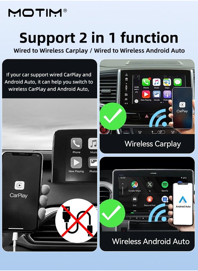 موتيم - 2 في 1 سلكي إلى لاسلكي CarPlay 2 في 1، محول لاسلكي أندرويد أوتو لاسلكي، تحويل سلكية Carplay وأندريود أوتو إلى اتصال لاسلكي، صندوق صغير ذكي عالمي للتوصيل والتشغيل، اتصال سريع بالواي فاي - Image 1