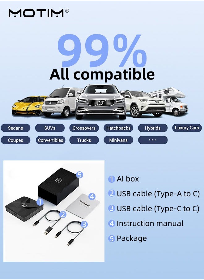 موتيم - 2 في 1 سلكي إلى لاسلكي CarPlay 2 في 1، محول لاسلكي أندرويد أوتو لاسلكي، تحويل سلكية Carplay وأندريود أوتو إلى اتصال لاسلكي، صندوق صغير ذكي عالمي للتوصيل والتشغيل، اتصال سريع بالواي فاي - Image 1