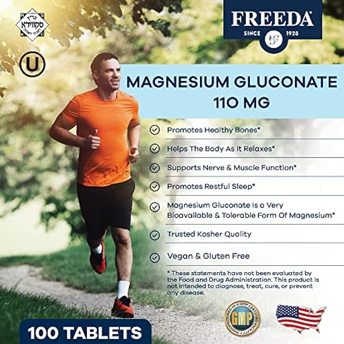 Freeda Magnesium Gluconate - Kosher Vegan Magnesium Supplement for Men & Women - Leg & Muscle Cramp and Spasm Relief - Natural Muscle Relaxer - Magnesio Vitamins and Supplements (100 Tablets) - Image 2