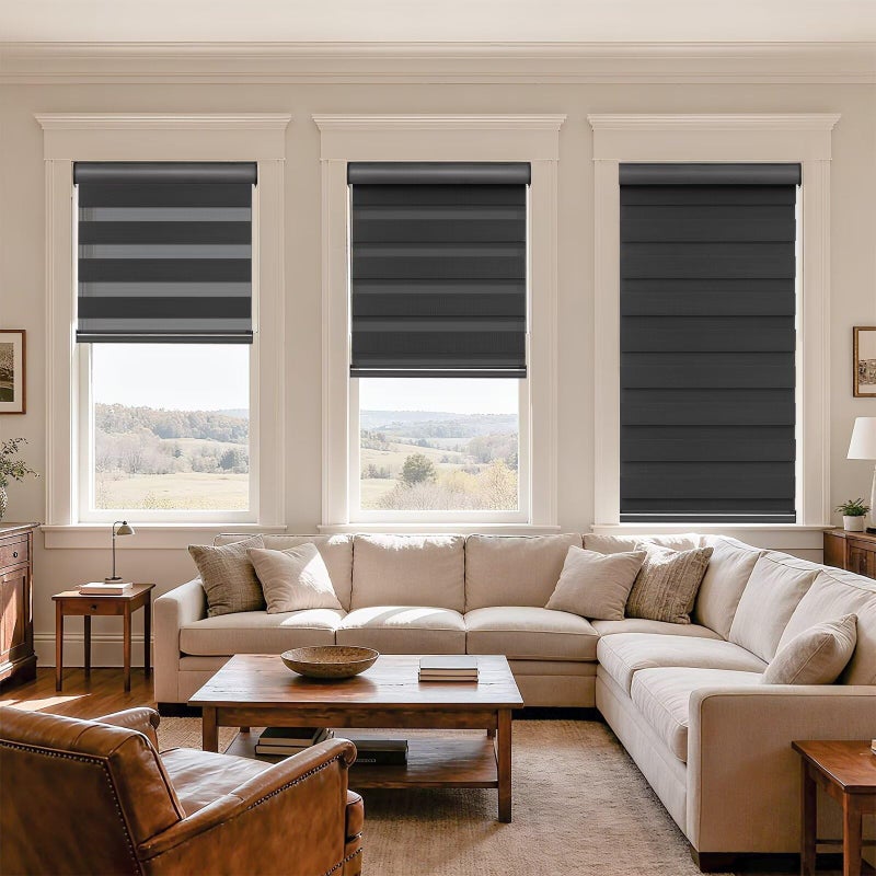 MYshade Cordless Zebra Blinds with Free-Stop Function - Dual Layer Light Filtering & Privacy Sheer Shades for Day and Night - Easy Install Window Shades for Home, Living Room, 30" W x 72" H,Black - Image 3