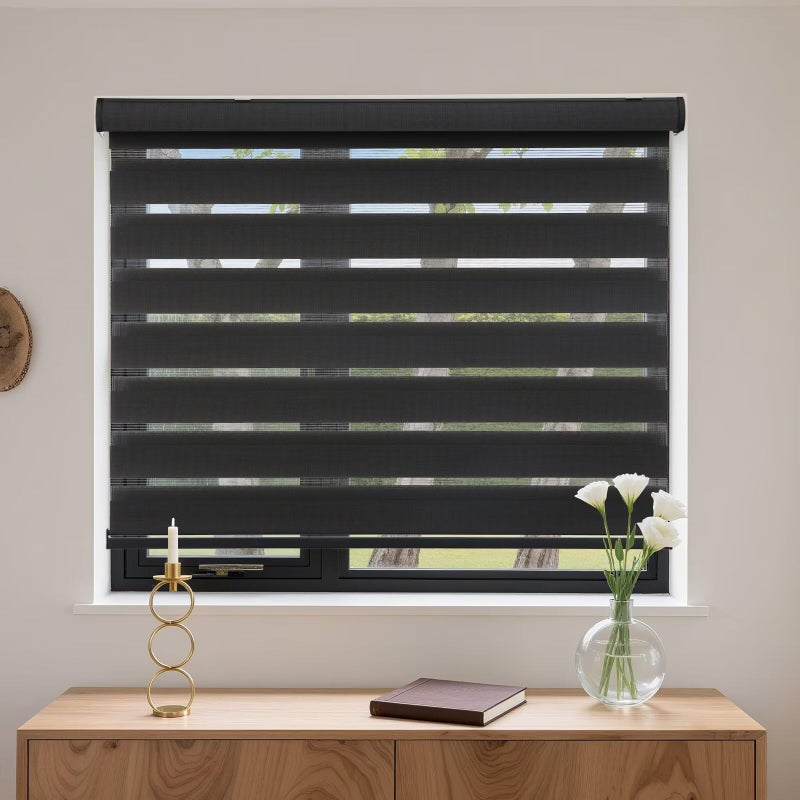 MYshade Cordless Zebra Blinds with Free-Stop Function - Dual Layer Light Filtering & Privacy Sheer Shades for Day and Night - Easy Install Window Shades for Home, Living Room, 30" W x 72" H,Black - Image 2