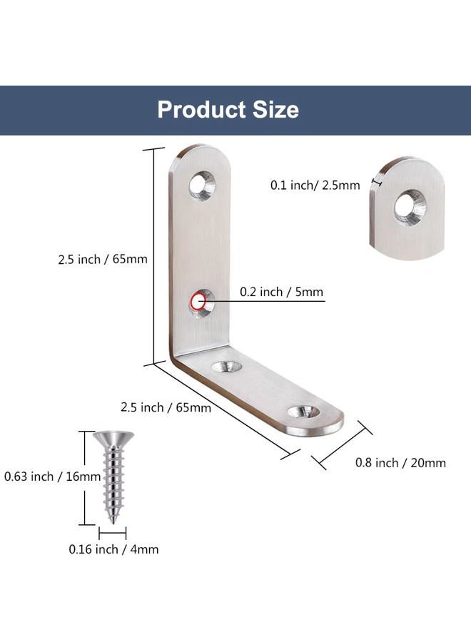 YEWLACA 6Pcs Corner Brace L Bracket Heavy Duty 65x65mm Right Angle Brackets Stainless Steel Corner Brackets with Screws, Brackets Joint Fastener for Wood - Image 2