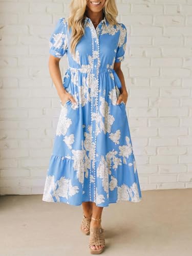 Wenrine Womens Casual Shirt Dress Floral Collared Short Sleeve Button Down Drawstring Waist Loose Summer Maxi Dresses Blue - Image 2