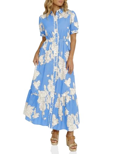 Wenrine Womens Casual Shirt Dress Floral Collared Short Sleeve Button Down Drawstring Waist Loose Summer Maxi Dresses Blue - Image 1