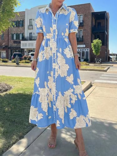 Wenrine Womens Casual Shirt Dress Floral Collared Short Sleeve Button Down Drawstring Waist Loose Summer Maxi Dresses Blue - Image 3