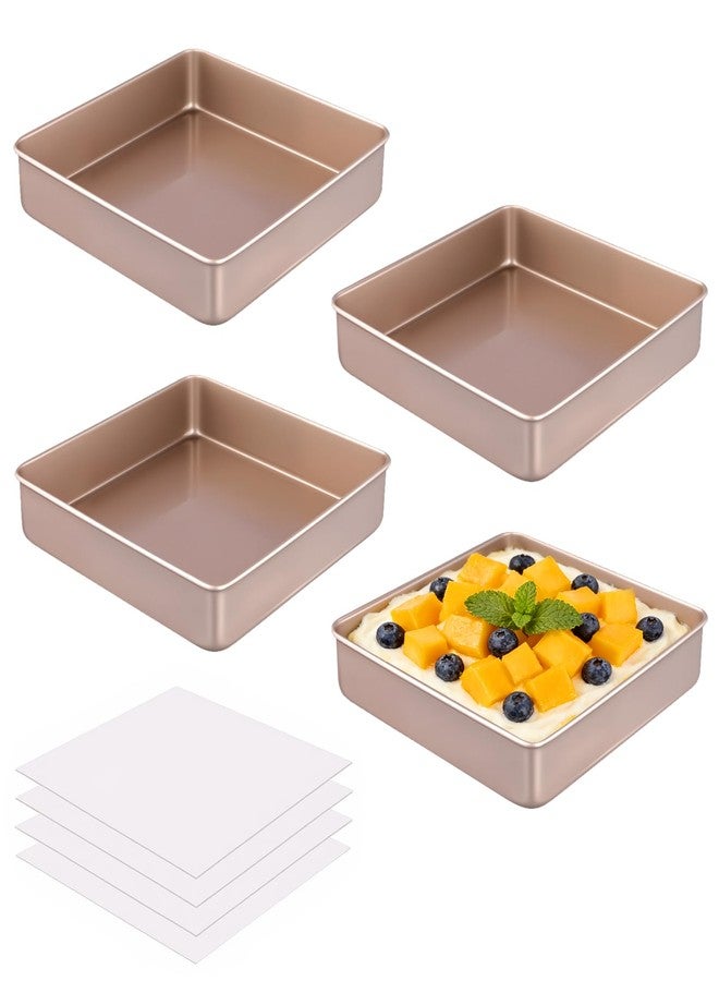 SINJEUN 4 PCS Square Baking Pans, 8.7 x 8.7 x 1.6 Inches Nonstick Square Cake Pan with Greaseproof Paper, Metal Bakeware for Oven Cooking Lasagna Brownies, Gold - Image 1