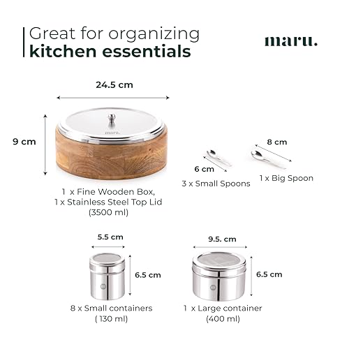 MARU 12-in-1 Wooden Spice Box | Stainless Steel Containers with See-Through Lids | 8 Small & 1 Large Container With Middle Partition | Perfect For Organizing Spices, Herbs, Masalas & Seasonings - Image 2