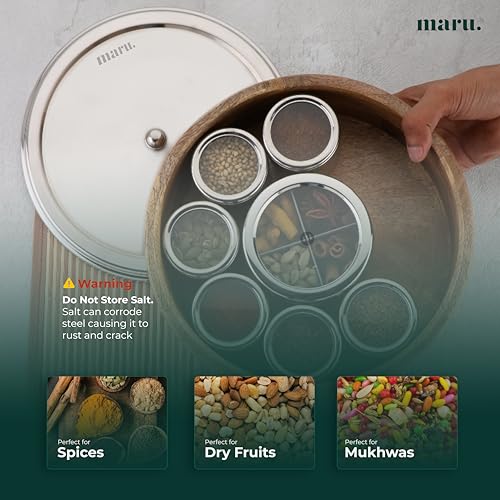 MARU 12-in-1 Wooden Spice Box | Stainless Steel Containers with See-Through Lids | 8 Small & 1 Large Container With Middle Partition | Perfect For Organizing Spices, Herbs, Masalas & Seasonings - Image 4