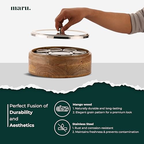 MARU 12-in-1 Wooden Spice Box | Stainless Steel Containers with See-Through Lids | 8 Small & 1 Large Container With Middle Partition | Perfect For Organizing Spices, Herbs, Masalas & Seasonings - Image 5