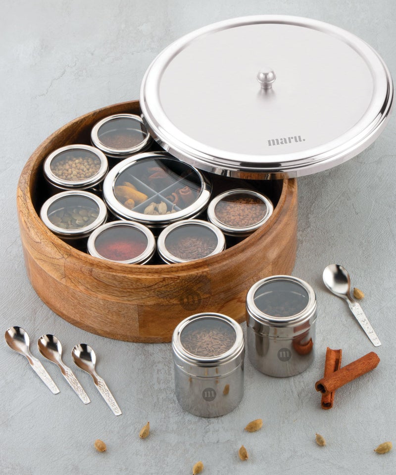 MARU 12-in-1 Wooden Spice Box | Stainless Steel Containers with See-Through Lids | 8 Small & 1 Large Container With Middle Partition | Perfect For Organizing Spices, Herbs, Masalas & Seasonings - Image 1