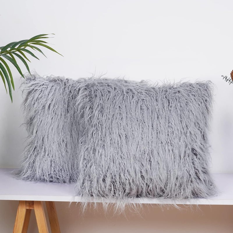 PHF 2 Piece 45cm x 45cm Faux Fur Throw Pillow Covers, Super Soft Warm Fuzzy Plush Fleece Covers, No Filling, Light Grey - Image 1