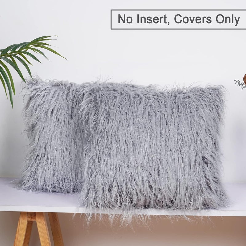 PHF 2 Piece 45cm x 45cm Faux Fur Throw Pillow Covers, Super Soft Warm Fuzzy Plush Fleece Covers, No Filling, Light Grey - Image 3