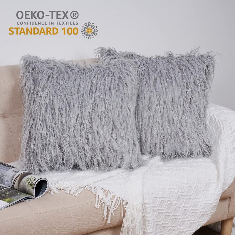 PHF 2 Piece 45cm x 45cm Faux Fur Throw Pillow Covers, Super Soft Warm Fuzzy Plush Fleece Covers, No Filling, Light Grey - Image 2