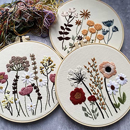 Costand Harimau 3 Pack Embroidery Kit for Beginners , Floral Plant Pattern,Cross Stitch Kits Set , Including Stamped Embroidery Cloth with 3 Embroidery Hoops, Color Threads and Tools (Flower) - Image 5