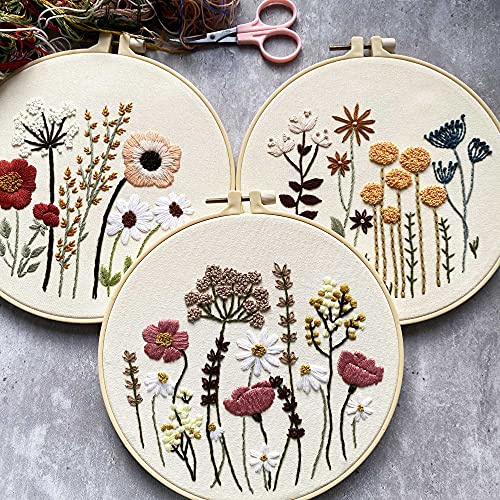Costand Harimau 3 Pack Embroidery Kit for Beginners , Floral Plant Pattern,Cross Stitch Kits Set , Including Stamped Embroidery Cloth with 3 Embroidery Hoops, Color Threads and Tools (Flower) - Image 4